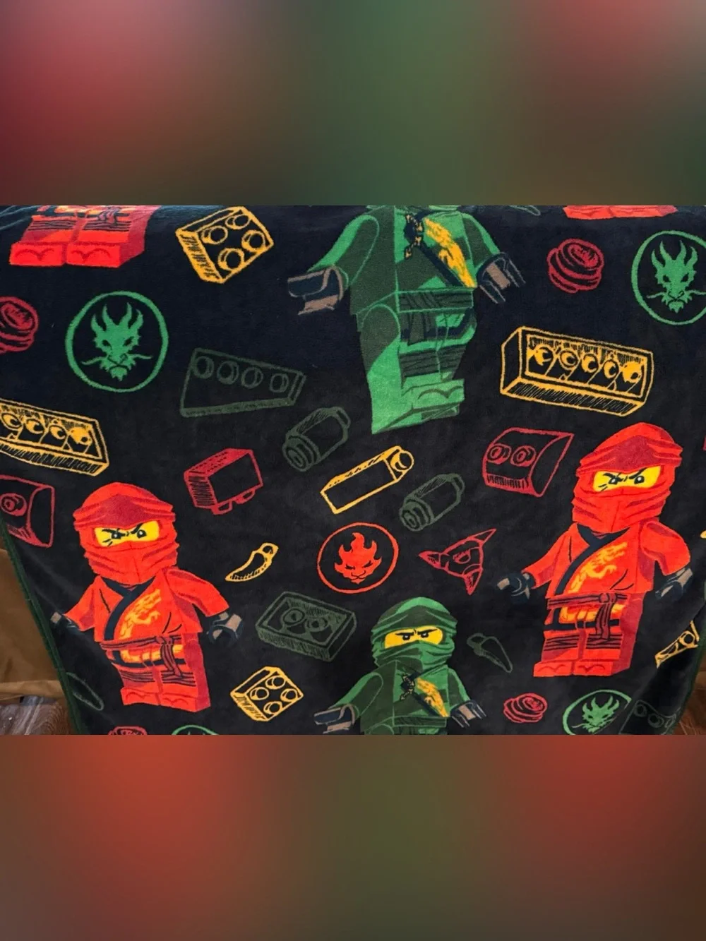 Lego Ninjago Soft Plush Blanket - Black with Red & Green Characters 51”xx40”